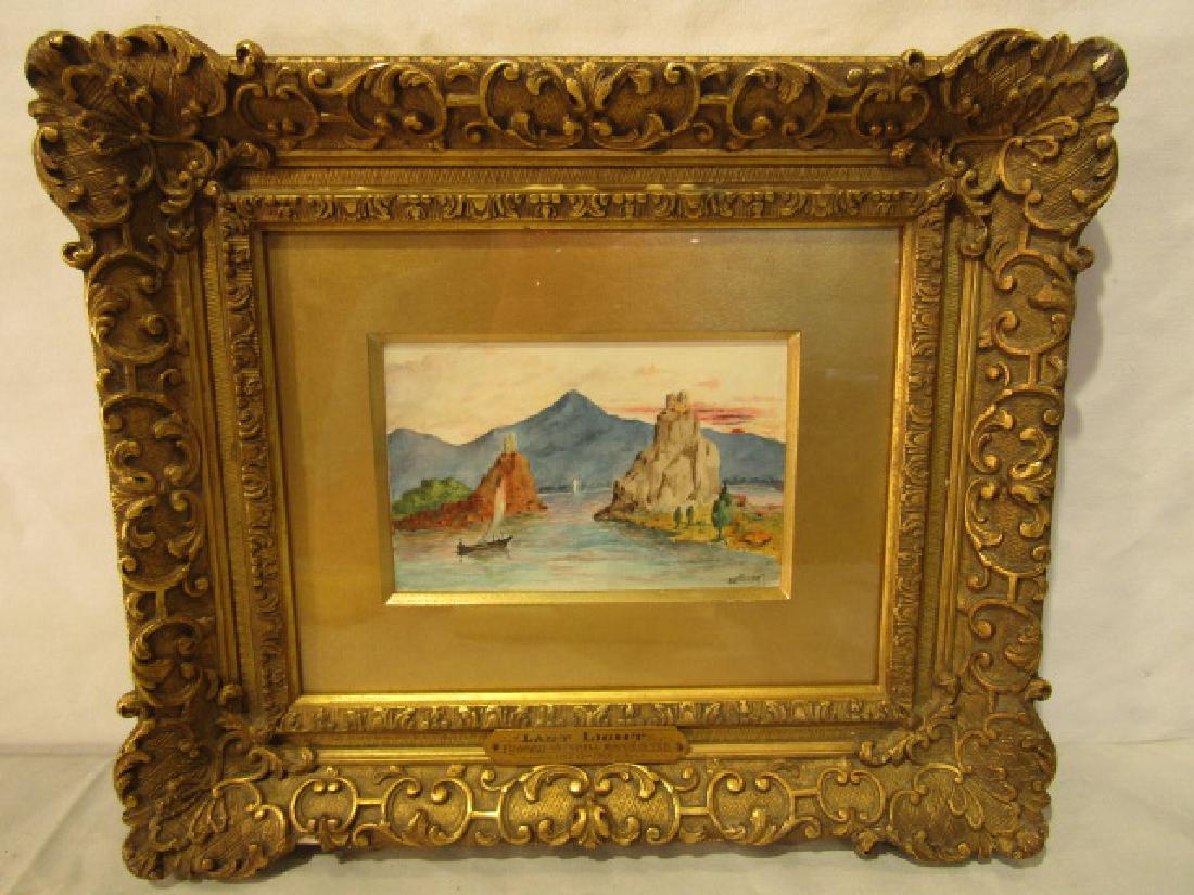 EDWARD BANNISTER PAINTING: Small watercolor luminist painting of river with castles and sailboat titled Last Light and initialed EMB 1897. 4 x 6 in, framed 12 x 14. (Edward Mitchell Bannister 1828-1901.)