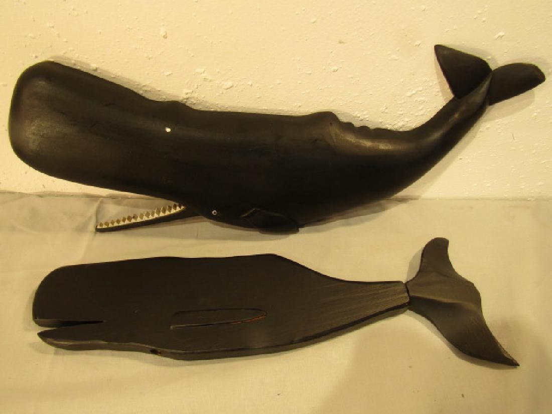 ALETHA MACY WHIRLIGIG & WHALE PLAQUE: Lot including an Aletha Macy 18 in long whale whirligig together with a vintage 21 in carved wood whale plaque.