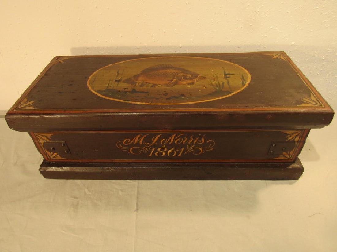 PAINTED WOOD TOOL CHEST - FISH: Antique wood tool box or large document box with later paint decoration of a fish and MJ Norris 1861. 25 long x 11 x 8.5 in high.