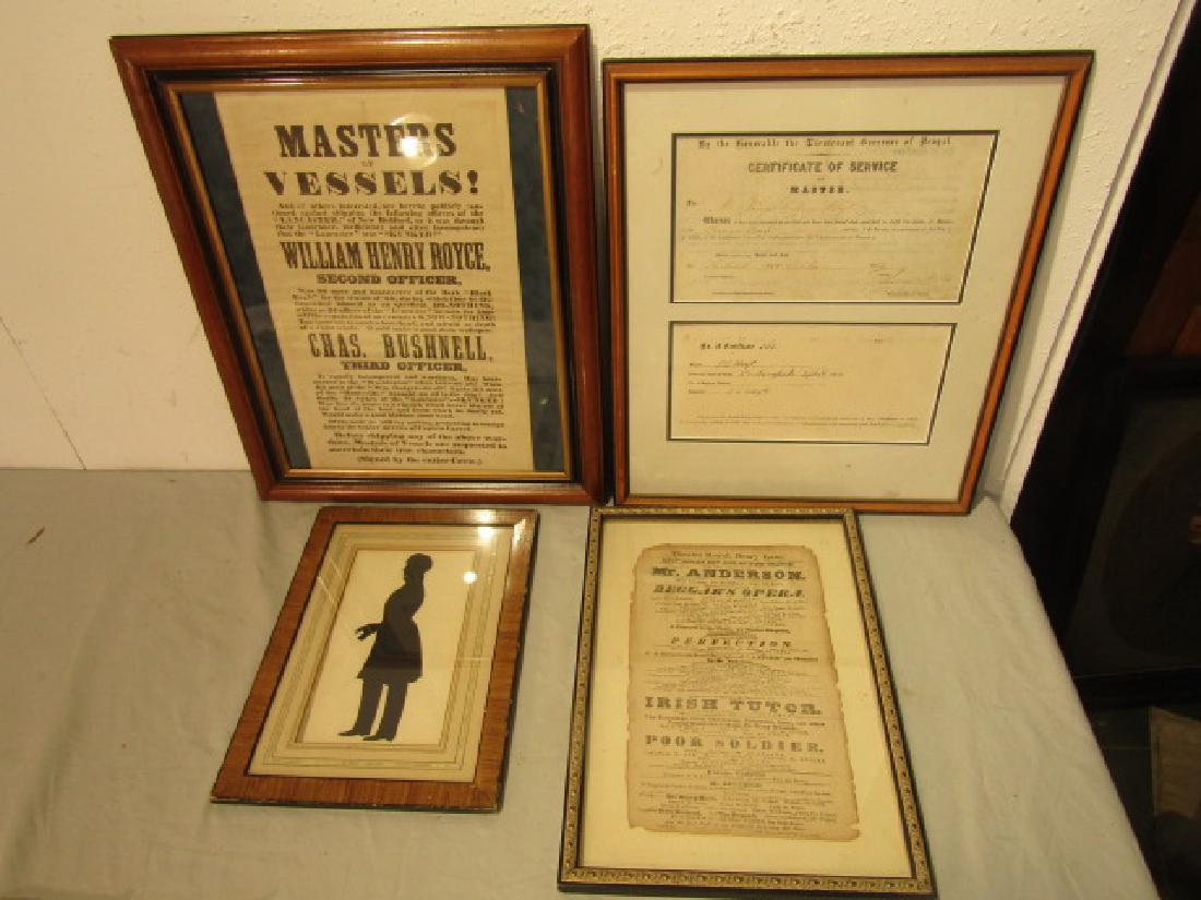 4 ANTIQUE BROADSIDES ETC: Lot 4 framed pieces including: Masters of Vessels broadside 18 x 11 inches; 1863 Joseph Coffin Certificate of Service for Master w/photocopy of 1811 Newburyport Certificate; 1830 Beggar's Opera broads