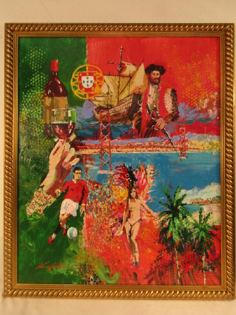 K. HALLAM PAINTING - COLLAGE: Oil painting on canvas, collage with pirate, soccer player, nude, etc. Signed Kerry Hallam. 36 x 30 inches, framed 39 x 32. (Kerry Hallam is a Nantucket/UK artist)
