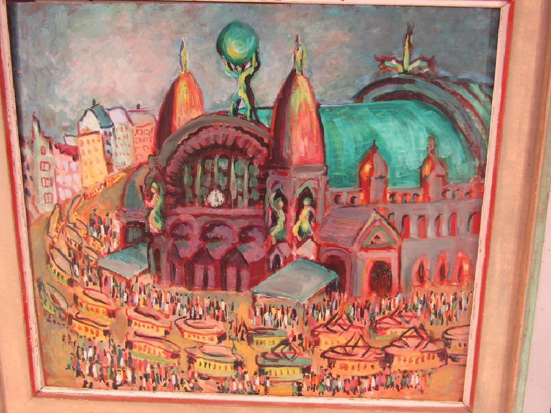 H. LAMBERT PAINTING OF CITY: Impressionistic oil on masonite painting of a busy European train station? with god Atlas on top of domed building. Double sided. 27 x 31 in, framed 33 x 37.