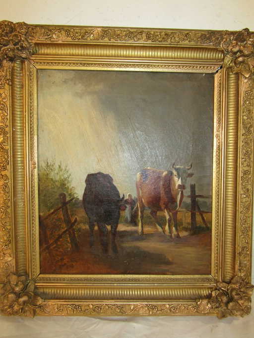 antique painting of cows