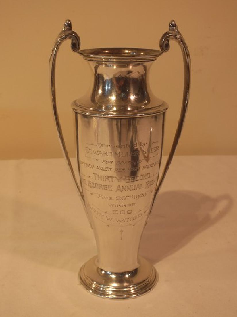STERLING SILVER BOAT TROPHY: Sterling silver trophy, American hallmarks, Presented to Ed Miller Speer for Boats 15mph speed or over, Thirty Second Lake George Annual Regatta Aug 26 1920 Winner Ego, Harry W. Watrous owner. Weight 