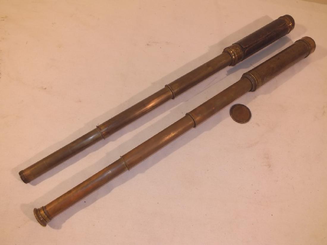 2 ANTIQUE TELESCOPES - ONE BECK, PHILA: 2 antique brass telescopes, both three draw to 29 in long; one signed R&F Beck Phila, leather wrapped, 10 inches closed (missing eye ring).