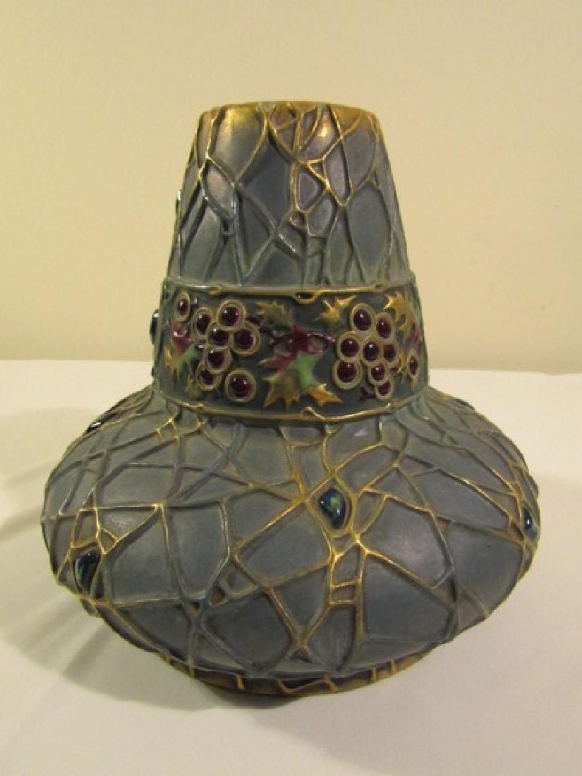 TEREX AUSTRIA AMPHORA VASE: Rare Terex Austrian amphora pottery vase with enameled jewels and web-like embossed designs. Signed Terex Austria and Holly. 11 in tall and 11.5 in diameter of base. Very good condition with one small
