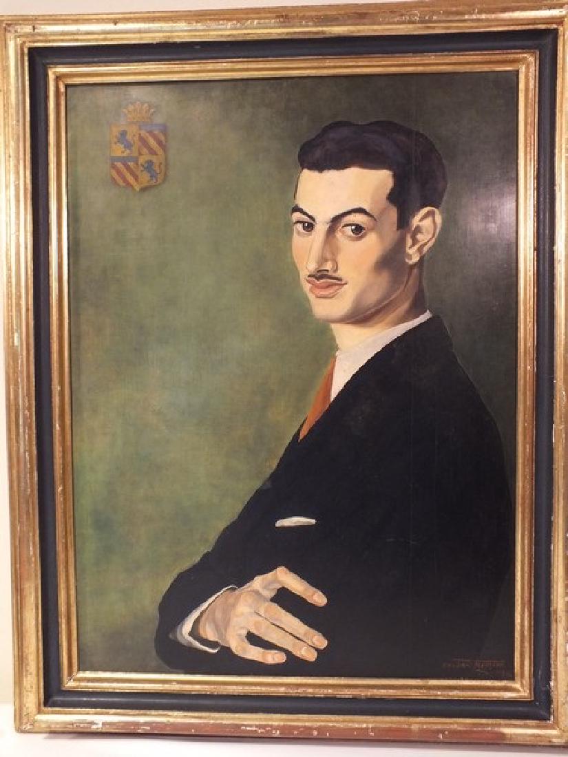 UMBERTO ROMANO PORTRAIT OF MAN: Oil on wood panel of the profile of a gentleman with coat of arms in upper left. Signed Umberto Romano 1938. 27 x 20 inches, framed 33 x 26 inches. We believe this young man may be a member of Mastai-