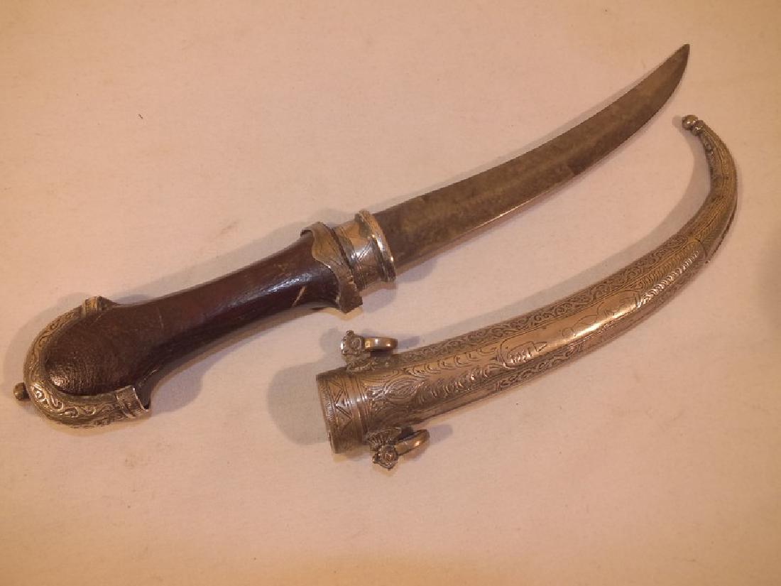 WWII TURKISH SWORD: Old Turkish WWII era curved blade knife with fancy silver mounts, Ottoman Empire style wit 1364 Arabic date (1944).