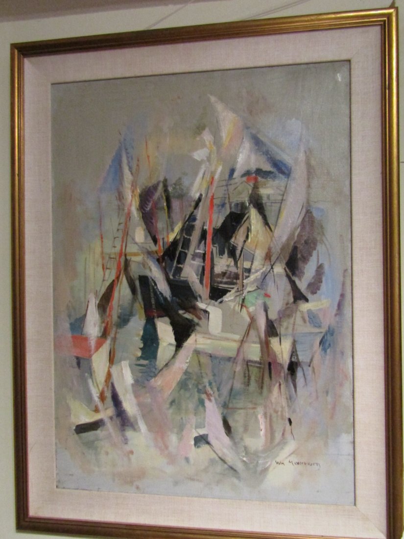 WILLIAM MEYEROWITZ PAINTING HARBOR: Colorful abstract oil painting on canvas of an abstract harbor scene with sailboats signed William Meyerowitz. 28 x 20, framed 33 x 25. Excellent condition. (William Meyerowitz NY painter 1887-1981)