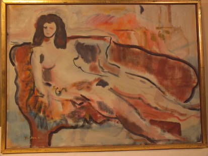 RICHARD TUCKER ABSTRACT NUDE PAINTING: Abstract oil painting on canvas of a reclining nude signed Tucker 73 (Richard Tucker 1903-79). 25 x 34 inches plus 1 inch frame.