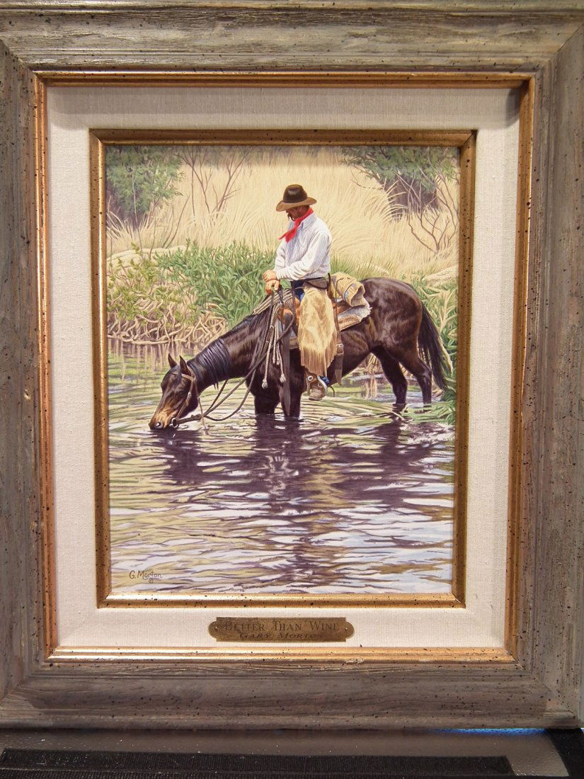 GARY MORTON PAINTING OF COWBOY: Fine acrylic on masonite painting of cowboy on horse drinking from a river titled BETTER THAN WINE signed Gary Morton 1997. (Gary Morton b. 1951, New Mexico genre, landscape and cowboy painter)