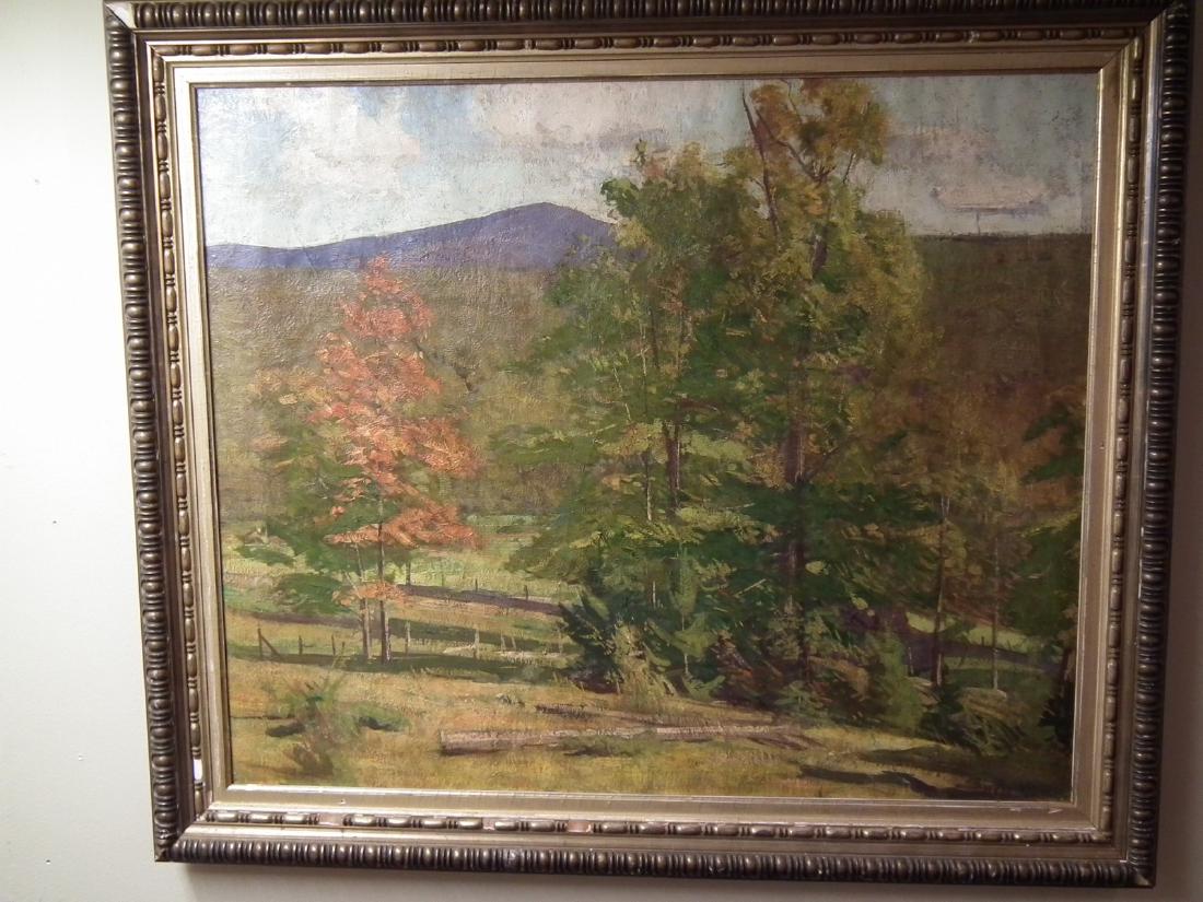 JOHN SHARMAN AUTUMN PAINTING: Impressionistic oil painting of a New Hampshire autumn landscape with mountain (probably Mt. Monadnock). Size: 29.5 x 35.5 inches, framed 35 x 41 inches. (John Sharman was a MA painter 1879-1971)