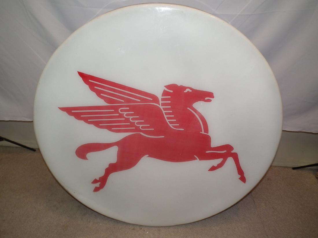 4 FT. MOBIL PEGASUS SIGN: Old Mobil Oil plexiglass round Pegasus sign circa 1960, illuminated with metal back. 47" diameter and 6.5 in deep. Untested, no cord.