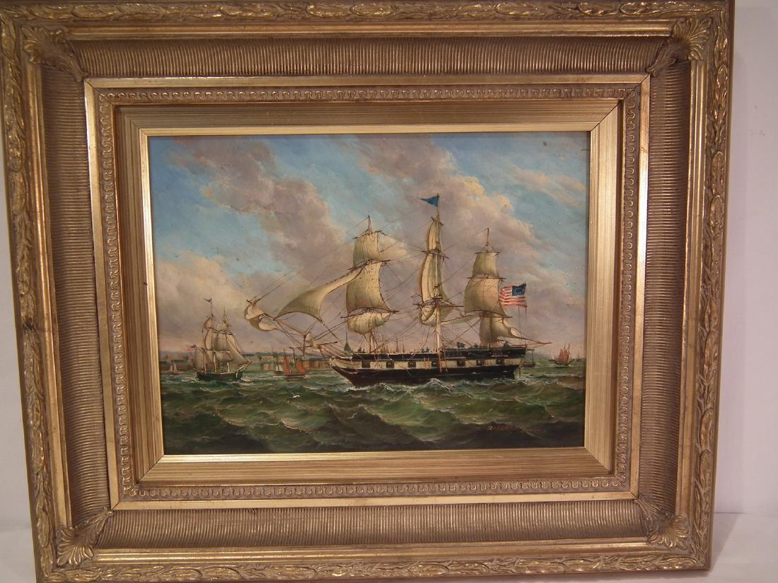 ROBERT SANDERS SHIP PAINTING: Oil painting on wood panel depciting an American warship in harbor. 12 x 16 inches, framed 20 x 24.
