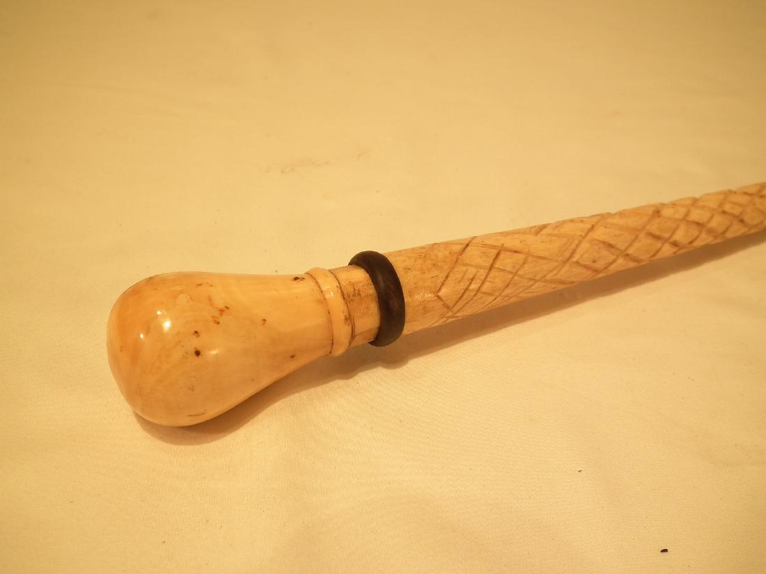19th C. WHALE BONE & BALEEN CANE: 19th century whale bone cane with knob handle, diamond hatchure design, lower portion (14") with striped baleen segments. 38 inches long.