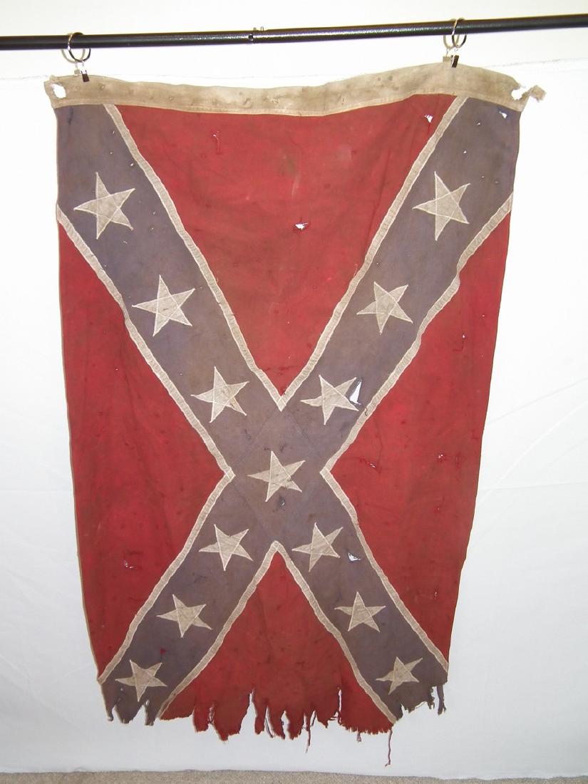 CONFEDERATE REUNION FLAG: Antique Confederate X flag with 13 stars, probably a Civil War reunion flag. Double sided. 30 x 54 inches. Wear/small tears and holes.
