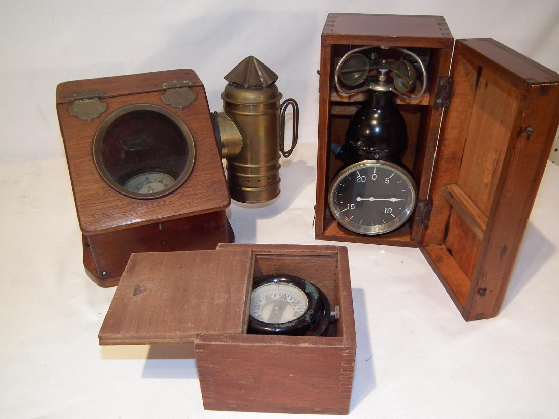 3 MARINE ITEMS INCL. BINNACLE: Lot of 3 old nautical related pieces as displayed: Brass yacht binnacle with kerosene illumination lamp, 7.5 in high; 3 inch compass in box; and a Japanese wind speed indicator in wood case, 9.5 inche