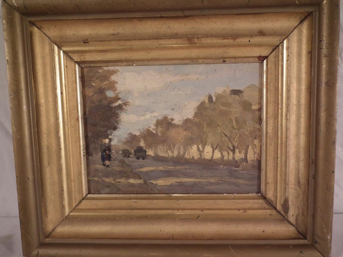 IMPRESSIONIST PAINTING OF BOULEVARD: Circa 1930's oil painting on board of a boulevard with antique cars and figures. Unsigned. 6 x 8.5 inches, framed 12 x 14 inches.