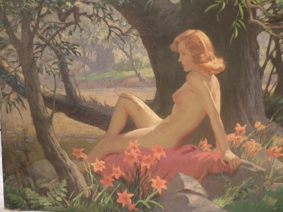 CLINTON BROWN PAINTING NUDE: Lovely oil painting on canvas of a nude red-head young woman reclining in landscape. 18 x 24 inches plus frame. (Clinton Brown was a NY painter died 1954).