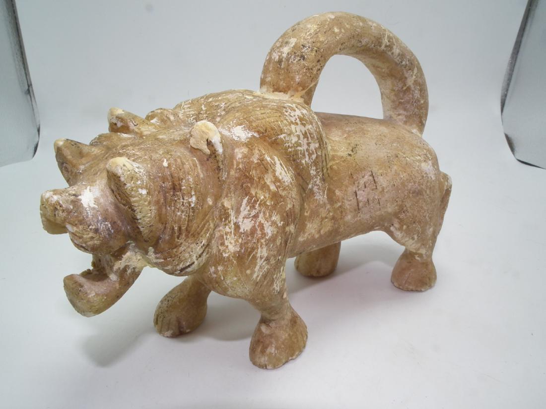 CA 1100 BC ALABASTER LION: Early Middle Eastern carved alabaster or gypsum figure / sculpture of a lion with handle attributed Bactria Persia circa 1400-1100 BC. 7 inches long x 5.25" high.