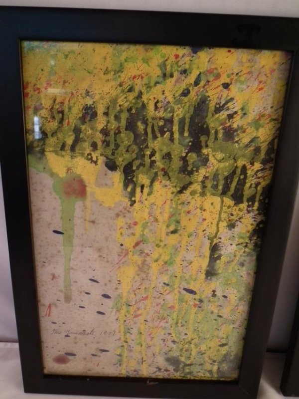 TARO YAMAMOTO PAINTING: Watercolor drip action art watercolor painting signed Taro Yamamoto 1971. Primarily yellow and green colors. 16.5 x 10.5 inches plus 1" frame. (Yamamoto 1919-1994 was a NY Abstract Expressionist paint
