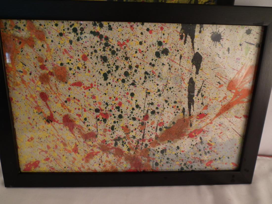 TARO YAMAMOTO PAINTING: Mixed media with sand action art painting signed Taro Yamamoto. Primarily red, orange, yellow and green colors. 10.5 x 16.5 inches plus 1" frame. (Yamamoto 1919-1994 was a NY Abstract Expressionist pa