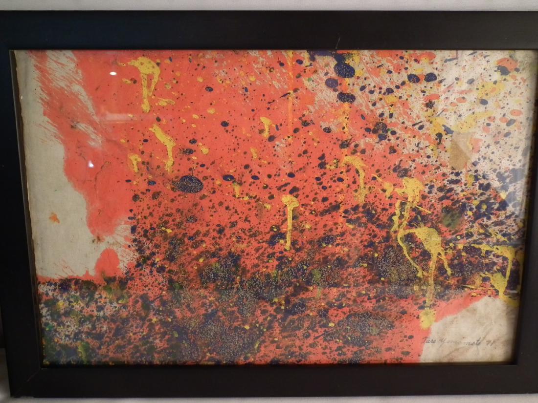 TARO YAMAMOTO PAINTING: Mixed media with sand action art painting signed Taro Yamamoto 1971. Primarily red with yellow colors. 10.5 x 16.5 inches plus 1" frame. (Yamamoto 1919-1994 was a NY Abstract Expressionist painter)
