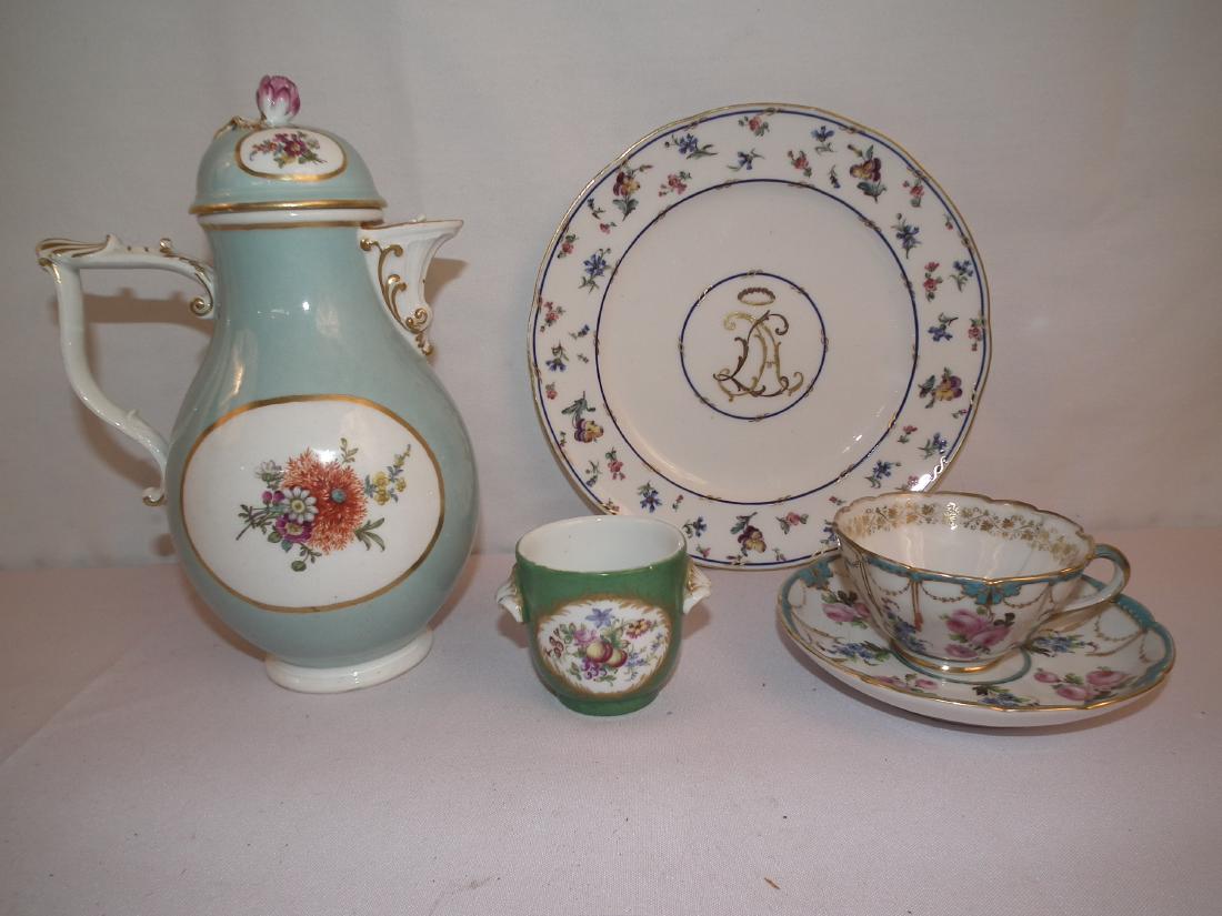 LOT PORCELAIN TABLEWARE - MEISSEN & SEVRES: Assorted lot of antique porcelain including Meissen teapot, 9.5 in tall; Sevres plate and small handled cup; Jacob Petit cup & saucer (damage). CONDITION: Teapot is perfect, plate has some light wear/