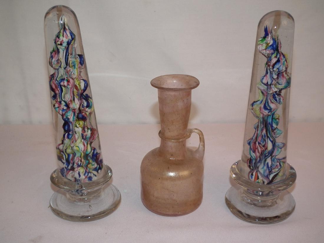 GLASS OBELISKS ETC: Lot consisting of a pair of antique glass obelisks with internal decoration, 9 in tall; and a ancient? Roman art glass 6 inch pink pitcher