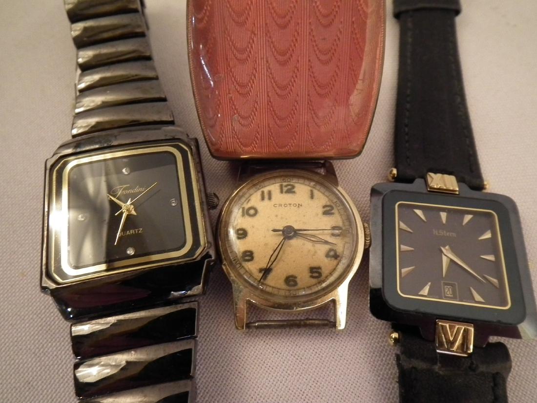 4 WATCHES INCL. H. STERN: Includes a 14k gold Croton; H. Stern ceramic square dial with black leather band; Fondini ceramic quartz; and Geneve Record watch in pink enamel 1.5 inch flip case (small chip).