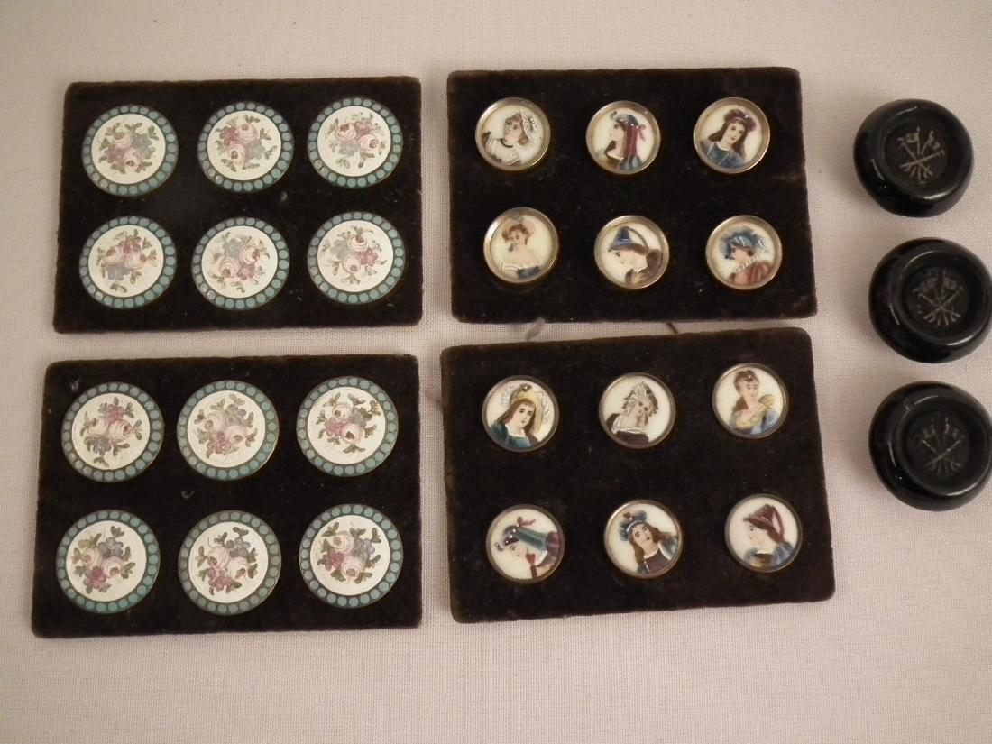 LOT ANTIQUE BUTTONS: Lot antique buttons including: 12 one inch enamel and brass floral buttons; 12 porcelain painted with Medieval figures .75 inches; plus clay LV with flags 1.25 inches.
