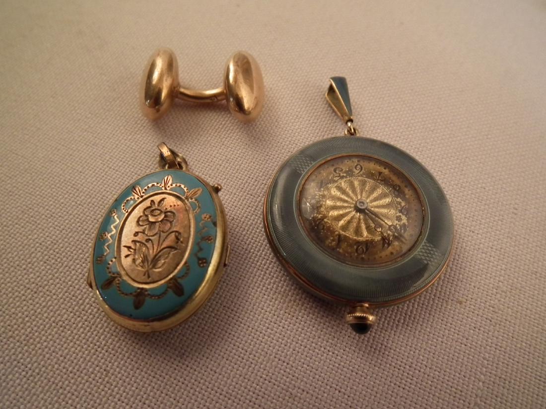 LOT GOLD & WATCH: Lot 3 pieces of gold including: fine enamel ladies pendant watch, 1.2 inches; enamel and gold locket pendant; and a gold cufflink, unmarked.