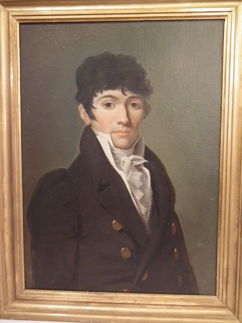 ROBERT FULTON PORTRAIT: 19th century oil painting on canvas of a young man wearing a pea coat, purportedly a portrait of Robert Fulton, steamboat inventor. 24 x 18 inches, framed 28 x 22. Relined.