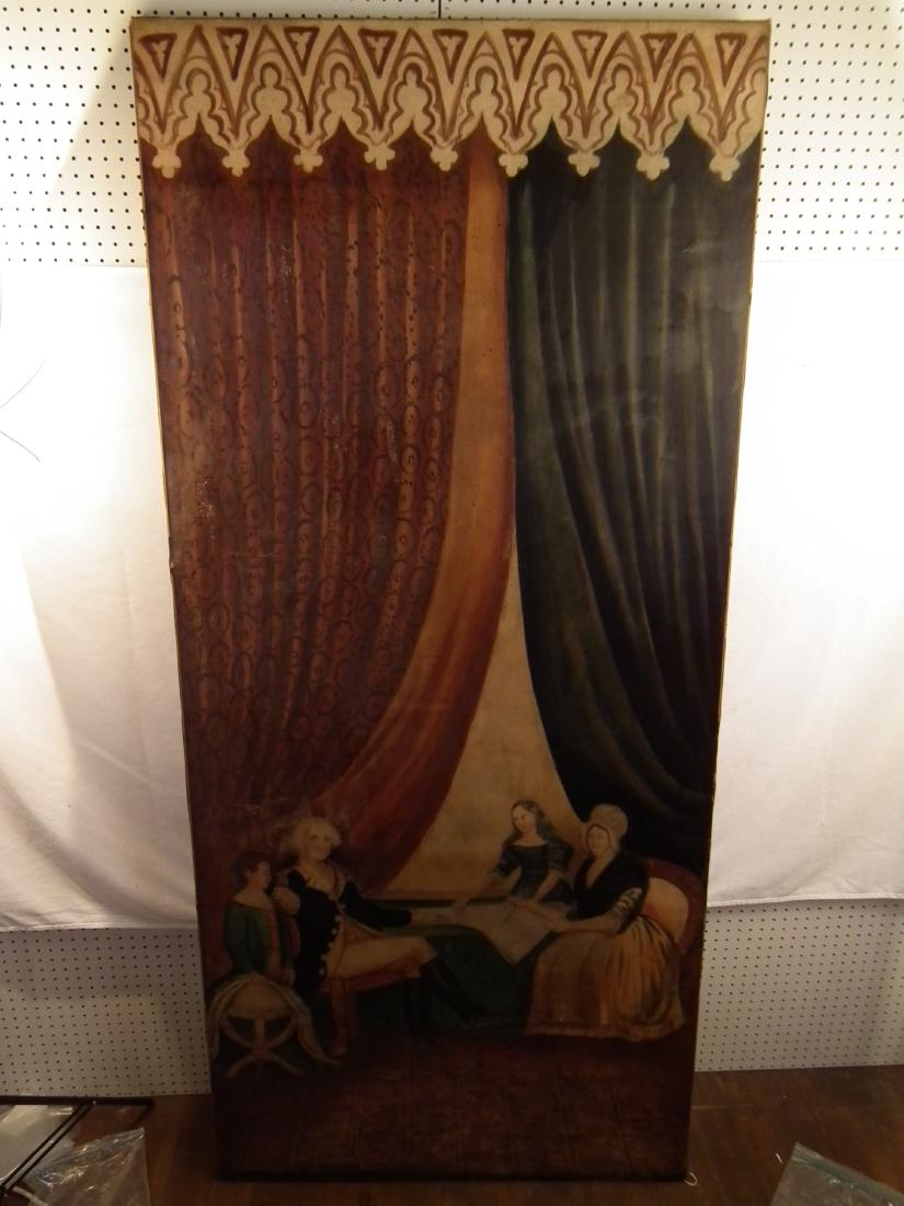 WASHINGTON FOLK ART PAINTING: Large 19th century folk art painting / window shade of George Washington and family circa 1850 after Edward Savage painting at National Gallery of Art. 84 inches high x 38 wide. Comes with Hirschl and
