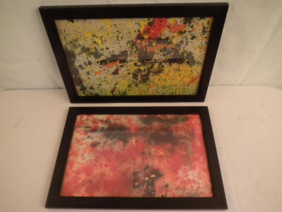 T. YAMAMOTO PAINTING: 2 Taro Yamamoto action art watercolor drip paintings - one in yellow, black, and red signed and dated 71; and a red cosmic haze signed by artist. Both 10.5 x 16.5 inches plus frame. (Taro Yamamoto was