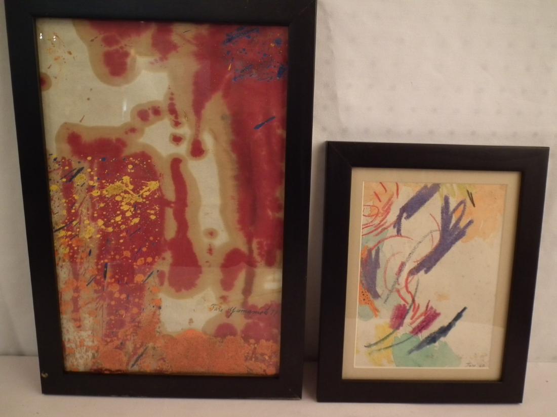 T. YAMAMOTO PAINTING: 2 Taro Yamamoto action art watercolor drip paintings - small mixed media dated 62, 9 x 7 inches; and a mixed media with sand in orange and red dated 71, 10.5 x 16.5 inches. (Taro Yamamoto was an Ameri