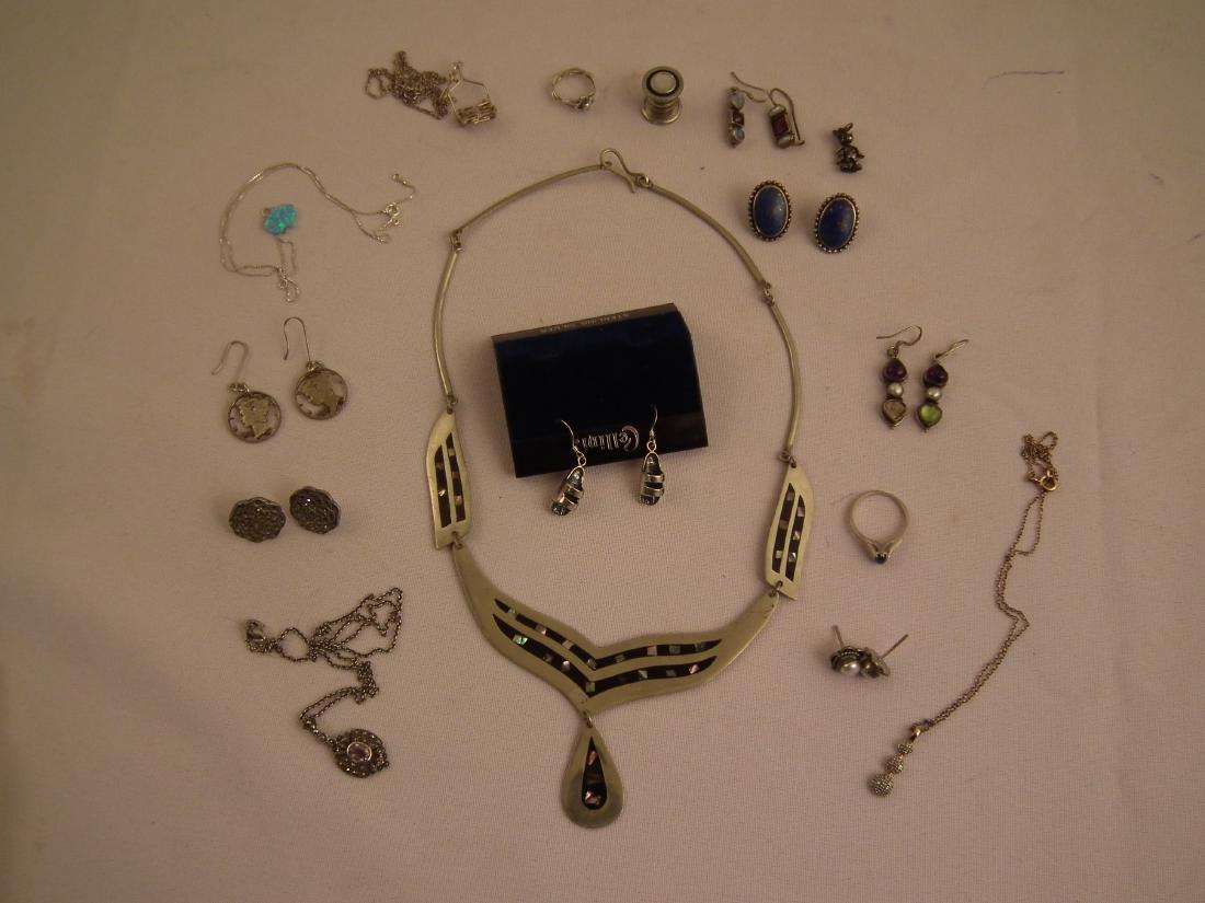 LOT SILVER JEWELRY: Includes Mexican silver plated abalone inlaid necklace; 7+ pairs of sterling earrings; 4 sterling necklaces; etc. Most with gemstones.