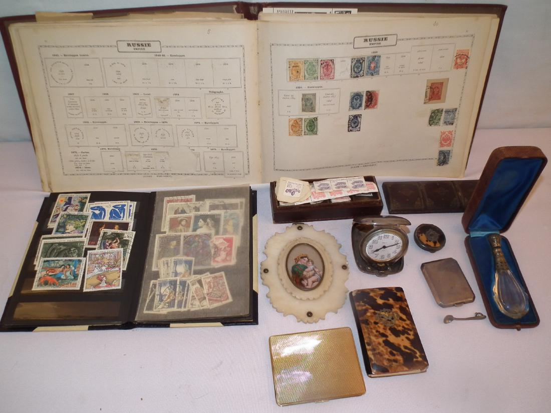 ESTATE LOT & SILVER: Miscellaneous lot of estate items including: antique tortoiseshell note pad and change purse; oval mini portrait of Madonna and Child, 5.5 inches; 4 inch silver and glass perfume in case; sterling swi