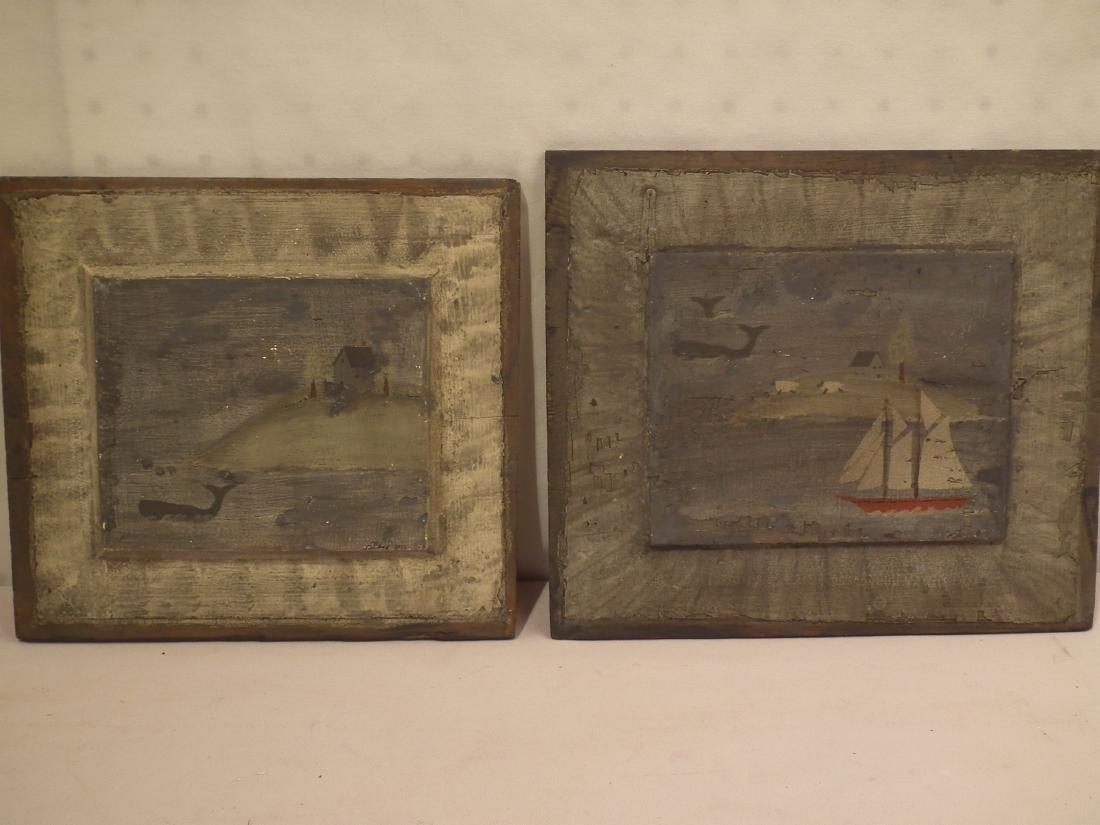 BEE SHAY WHALING PANELS: Pair of painted folk art wood Nantucket whaling door panels in Rufus Porter style signed Bee Shay 2012. Each 9 x 10 inches. (Bee Shay Heart to Hand Studio, Nantucket).