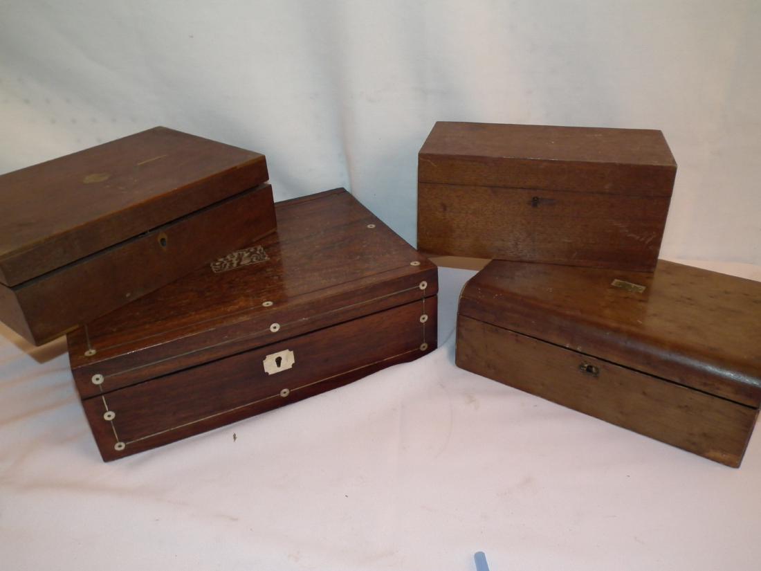 4 ANTIQUE BOXES: Includes 2 lap desks to 14 inches long, one with abalone inlay and 2 document boxes. Some cracks.