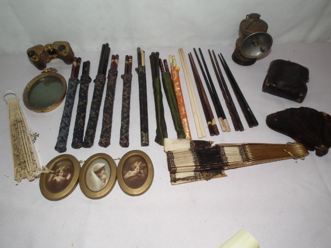 ASSORTED ESTATE LOT: Lot includes 14 sets of assorted vintage chopsticks; 3 hand fans (as is); antique bicycle lamp; binoculars; frames.