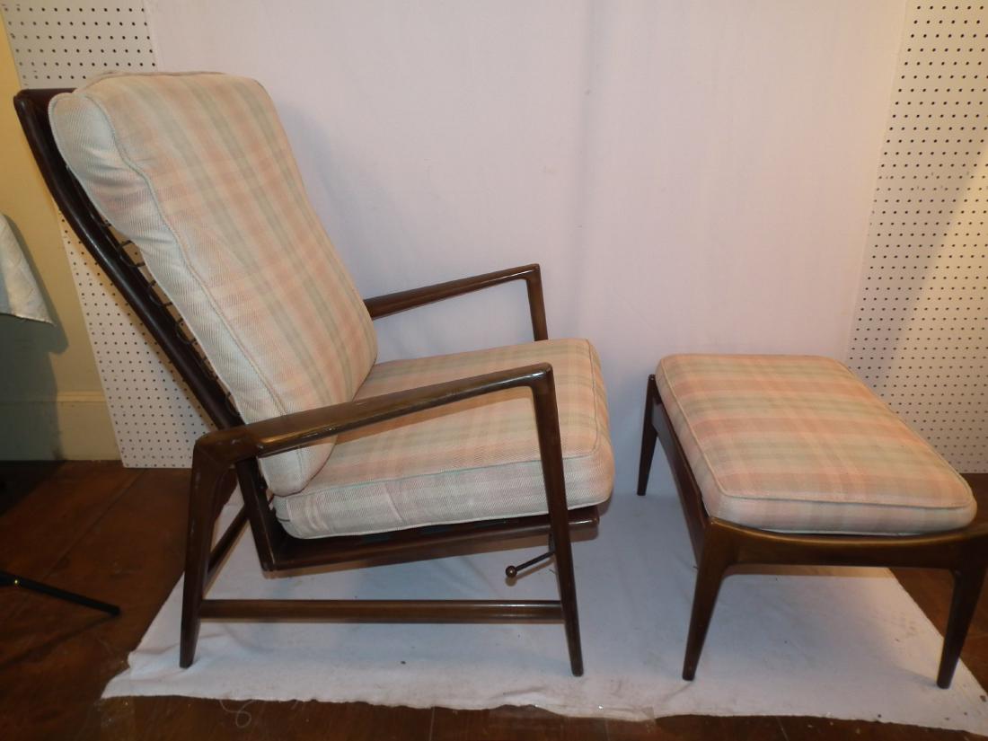 DANISH CHAIR & OTTOMAN: Mid-century Danish teakwood adjustable easy chair and matching ottoman, both with cushions. Signed with metal label Made in Denmark, Imported by Selig. Chair is 38 inches high and 25 wide.