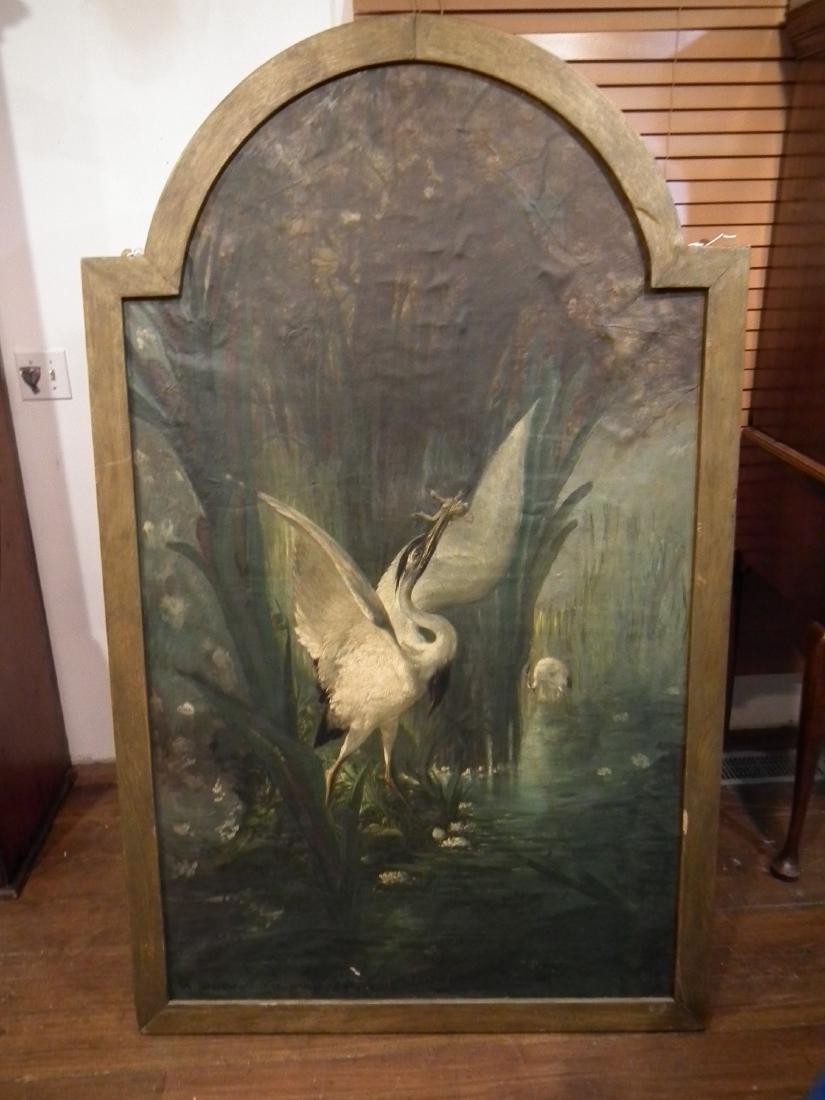 NY 1860 STORK MURAL - RS DUNCANSON: arge 19th century framed oil mural on canvas of water birds or storks in marshland. Signed indistinctly , possibly Robert Seldon Duncanson 1821-187. Dated NY 1860. Overall size 66 inches by 41 wide.