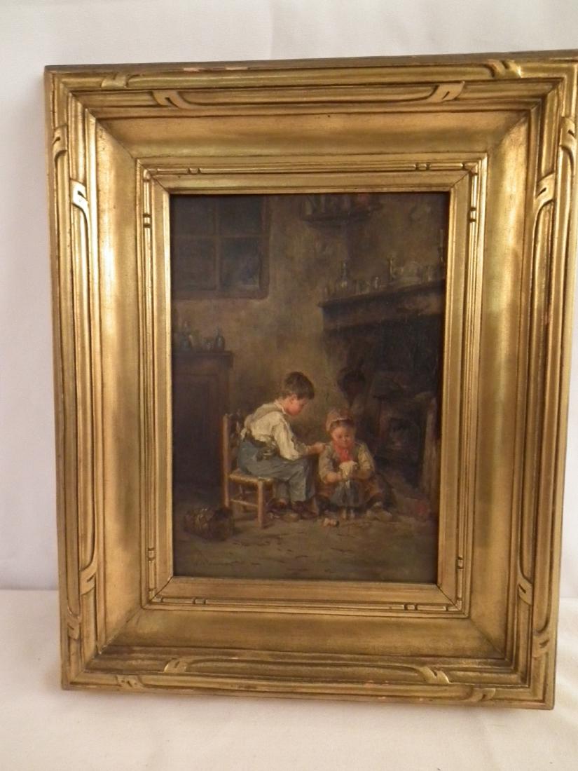 L. DANSAERT GENRE PAINTING: 19th century oil painting of an interior with little boy and girl holding doll beside a fireplace. Signed L. DANSAERT. Size: 10 x 7 inches on wood panel, framed 15 x 12.5 inches. (Leon Marie Constant
