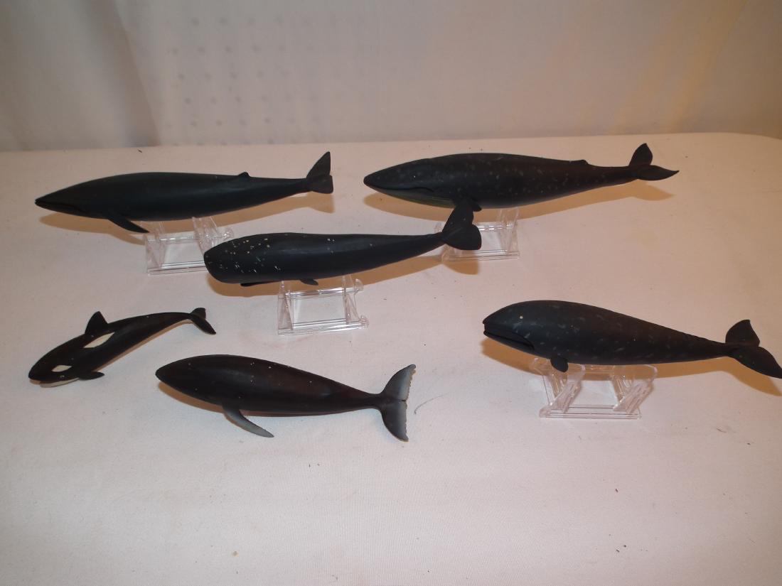 WHALE MOBILE BY CHAMBERLAIN: Group of 6 carved and painted wood whales (mobile) to 9.5 inches long. Carved by William Chamberlain of Nantucket.