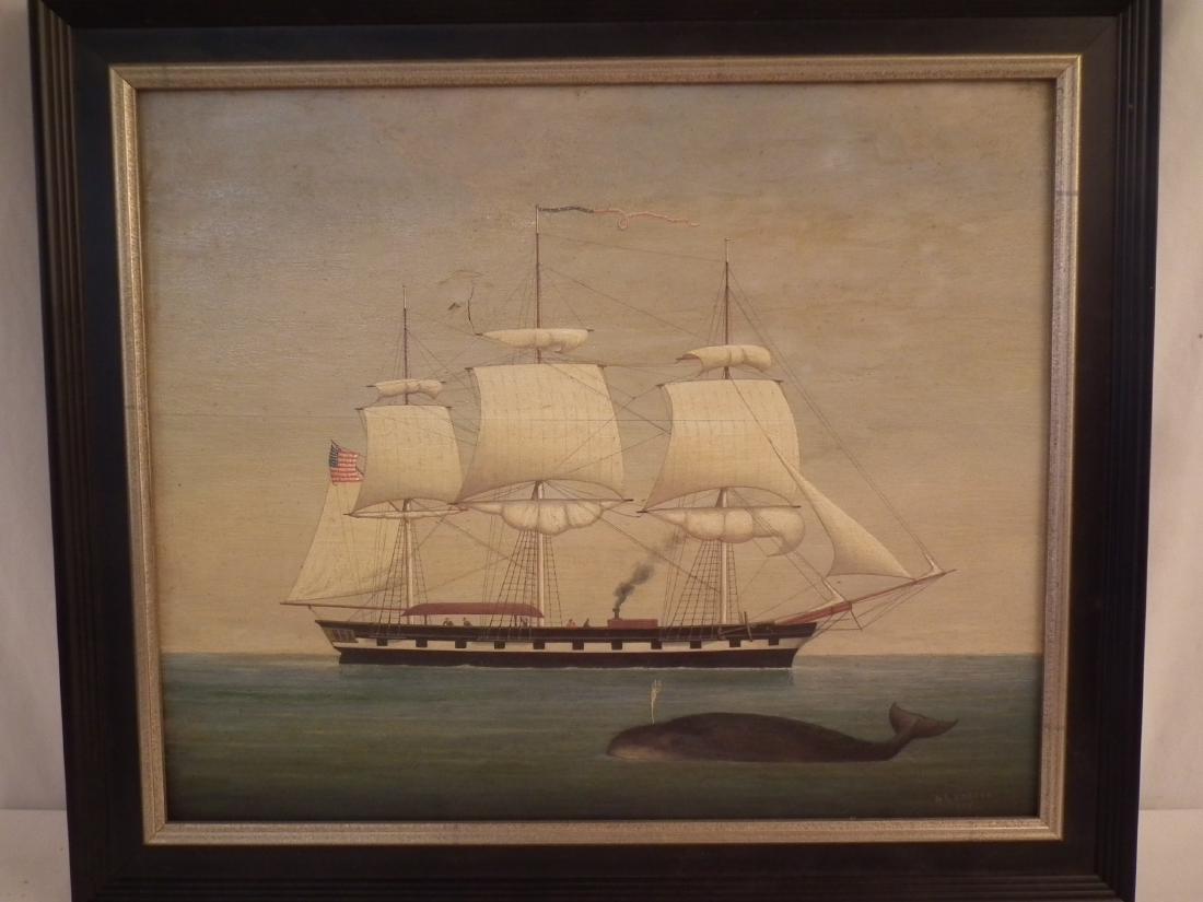 H. LARSON WHALING PAINTING: Old oil painting on wood panel of an American whaling ship sailing beside a spouting whale, signed H. Larson 1859. 17.5 x 21.5, framed 21.5 x 25.5 inches.