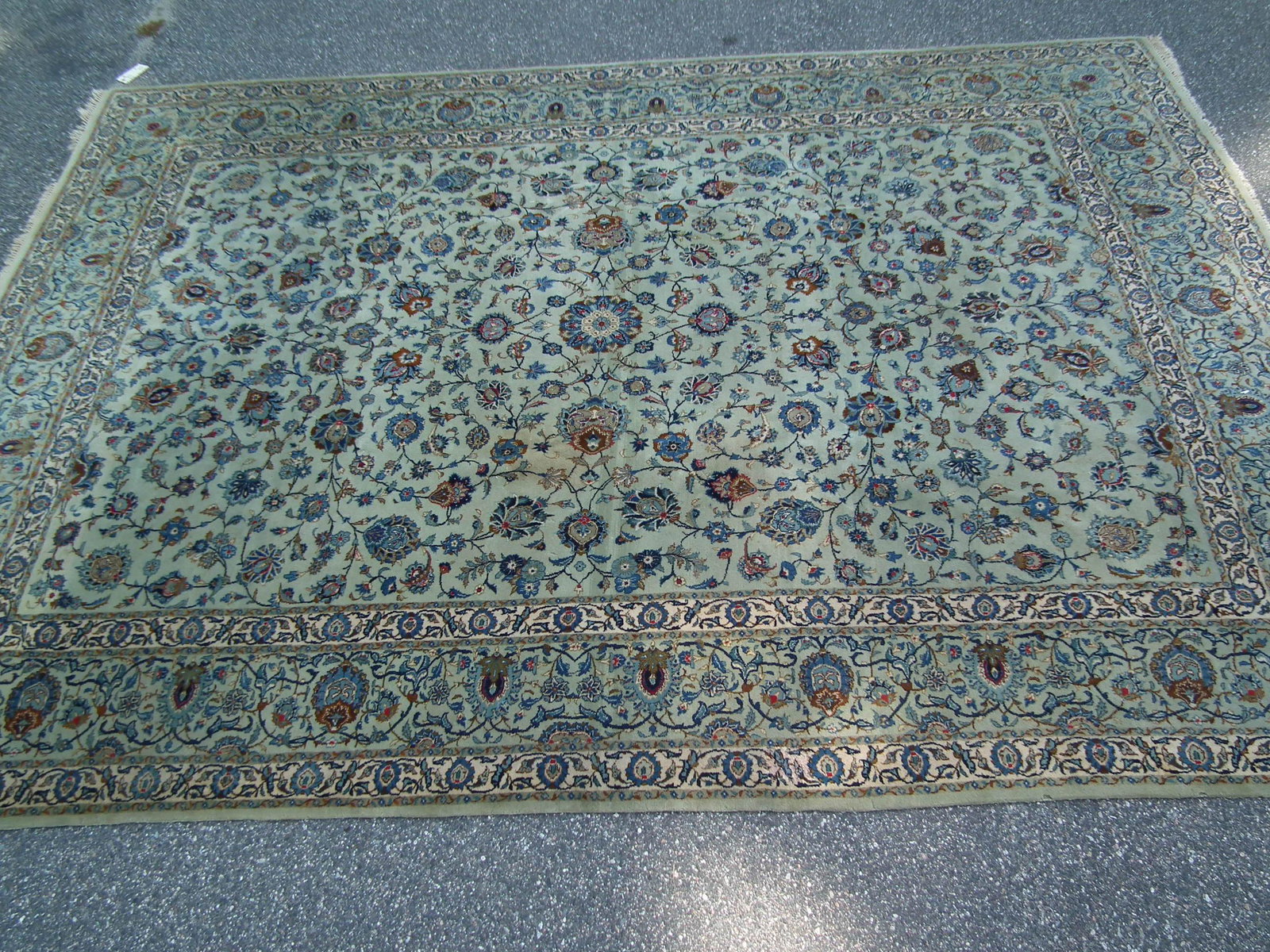 AGRA CARPET: Vintage Indian Agra room size carpet, fine weave in pale green and cream colors. 11 ft 11 x 14 ft 3 inches.