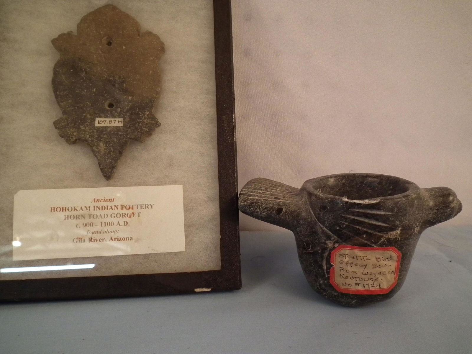 INDIAN GORGET & BOWL: 2 early Native American pieces: Kentucky effigy carved stone bowl, 5.5 diam; and a Hohokam pottery horn toad gorget (ornamental throat collar) ca 900-1100 AD, 4.75 in long.