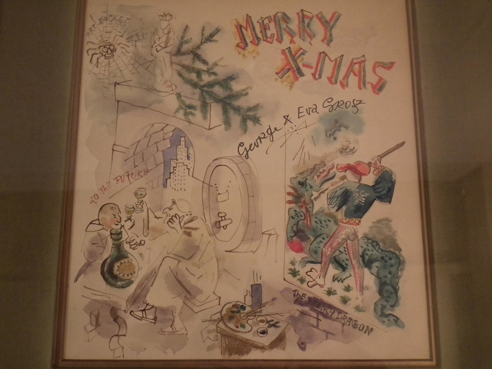 GEORGE GROSZ CHRISTMAS SKETCH: Original watercolor sketch (a gift to the Craven's) with various unrelated scenes titled ART RACKET, THE FRENCH DRAGON and TO THE FUTURE. Signed "Merry Xmas, George and Eva Grosz". Size: 9 x 8 inches,