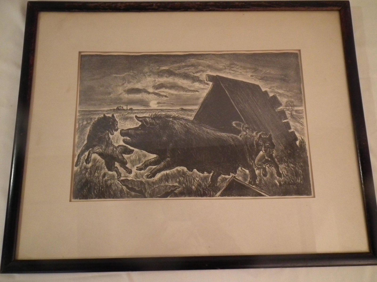 JOHN S. CURRY LITHOGRAPH: Original black and white lithograph of wolves attacking boars on a farm, signed in plate J. Curry. Size: image 10 x 15, framed 18 x 23 inches. Provenance: Former home of Thomas Craven in Martha's Vine
